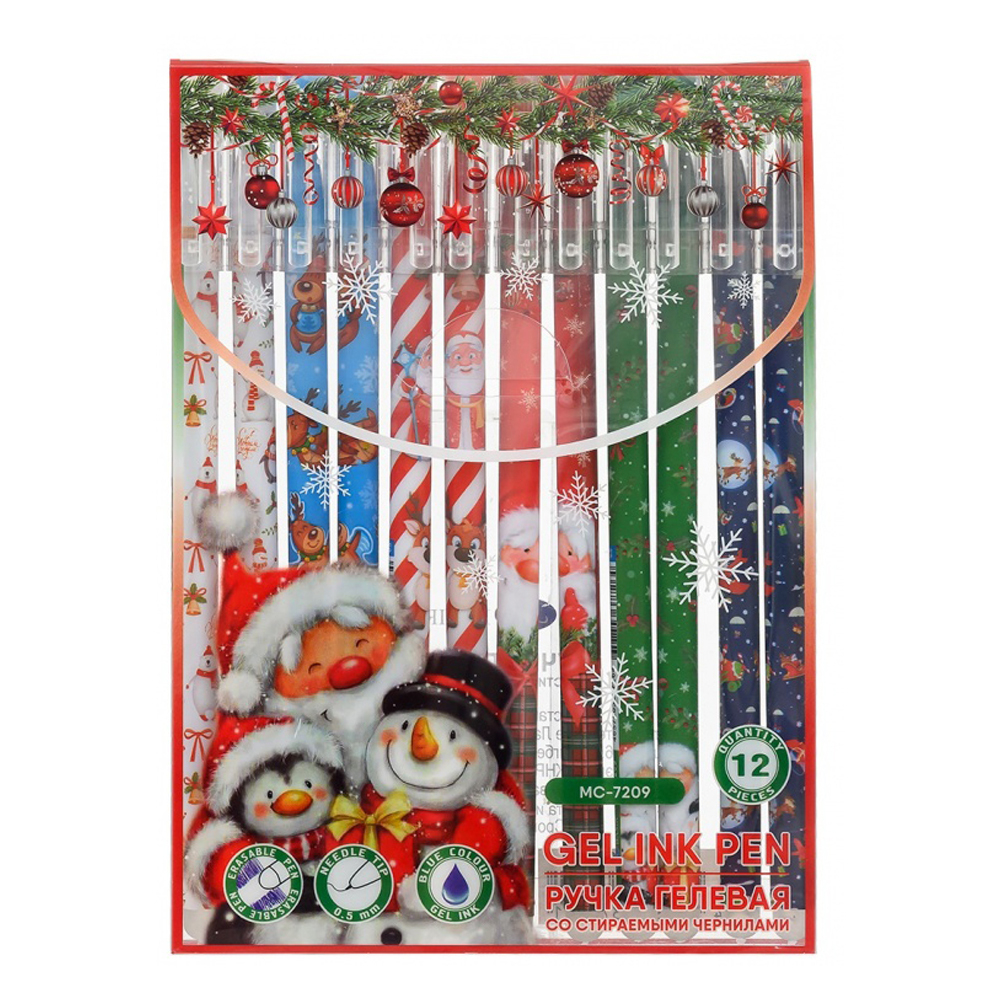 Ручка гелевая, пиши-стирай, Basir, синие чернила, серия "НОВОГОДНИЕ", корпус с рисунком, 12 шт