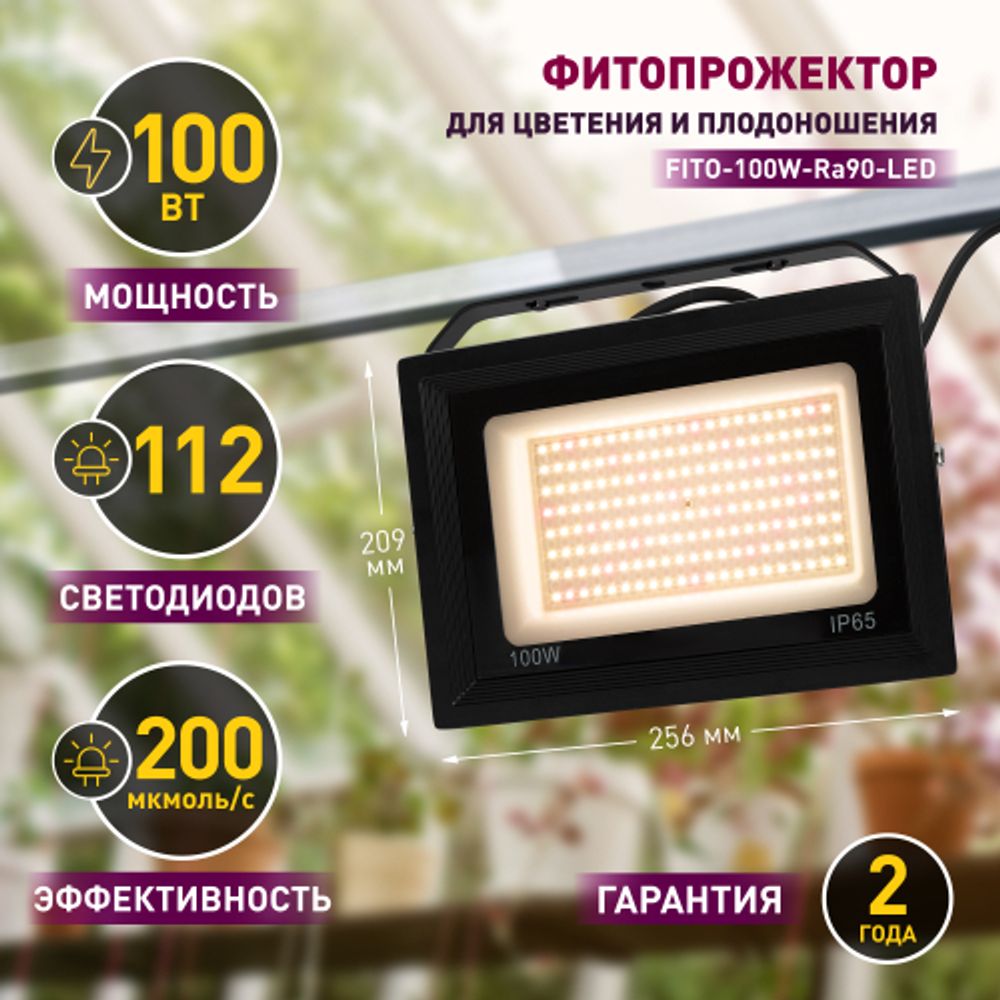 Фитопрожектор для растений светодиодный ЭРА FITO-100W-Ra90-LED для цветения и плодоношения полного спектра 100 Вт | Фито прожекторы
