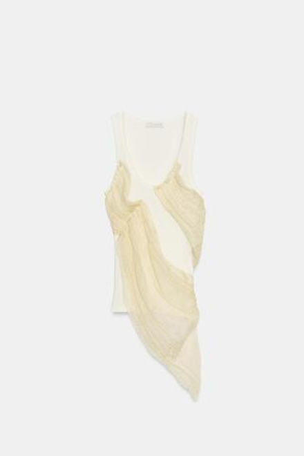 ZARA КОМБИНИРОВАННЫЙ ТОП В РУБЧИК, ЖЕЛТОВАТО-БЕЛЫЙ