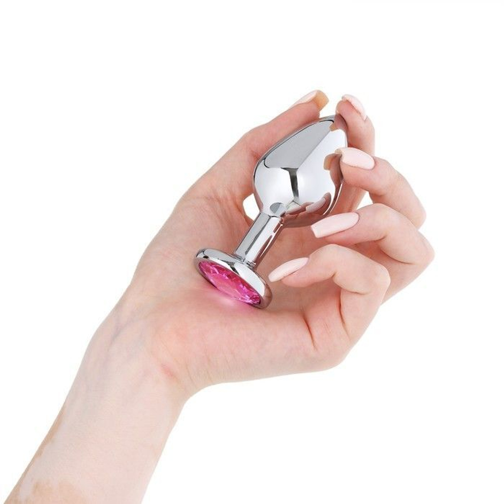 Серебристая коническая анальная пробка с розовым кристаллом - 8 см.