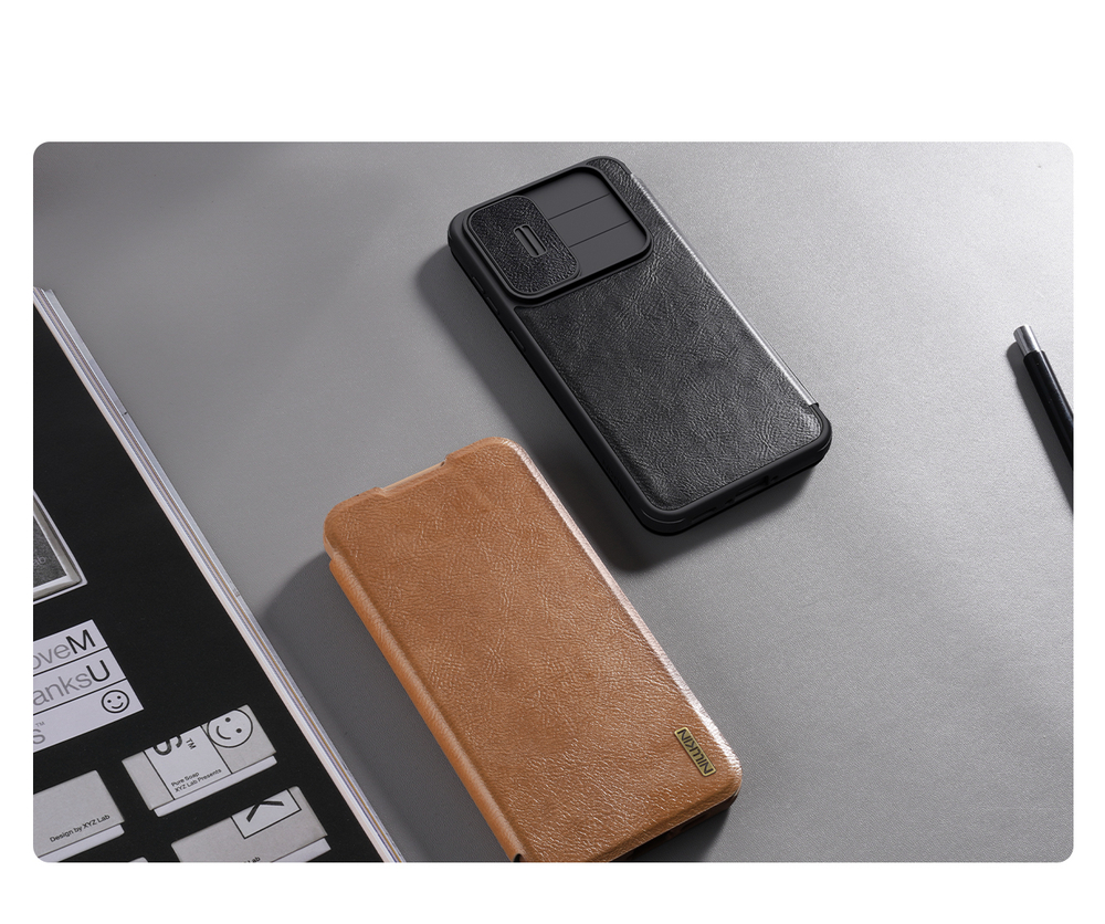 Кожаный чехол книжка коричневого цвета от Nillkin для Samsung Galaxy A56 5G, серия Qin Pro Leather с защитной шторкой для камеры