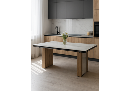 Керамический стол Woodville Бернардо 180x90 statuario titan gloss, дуб монтана