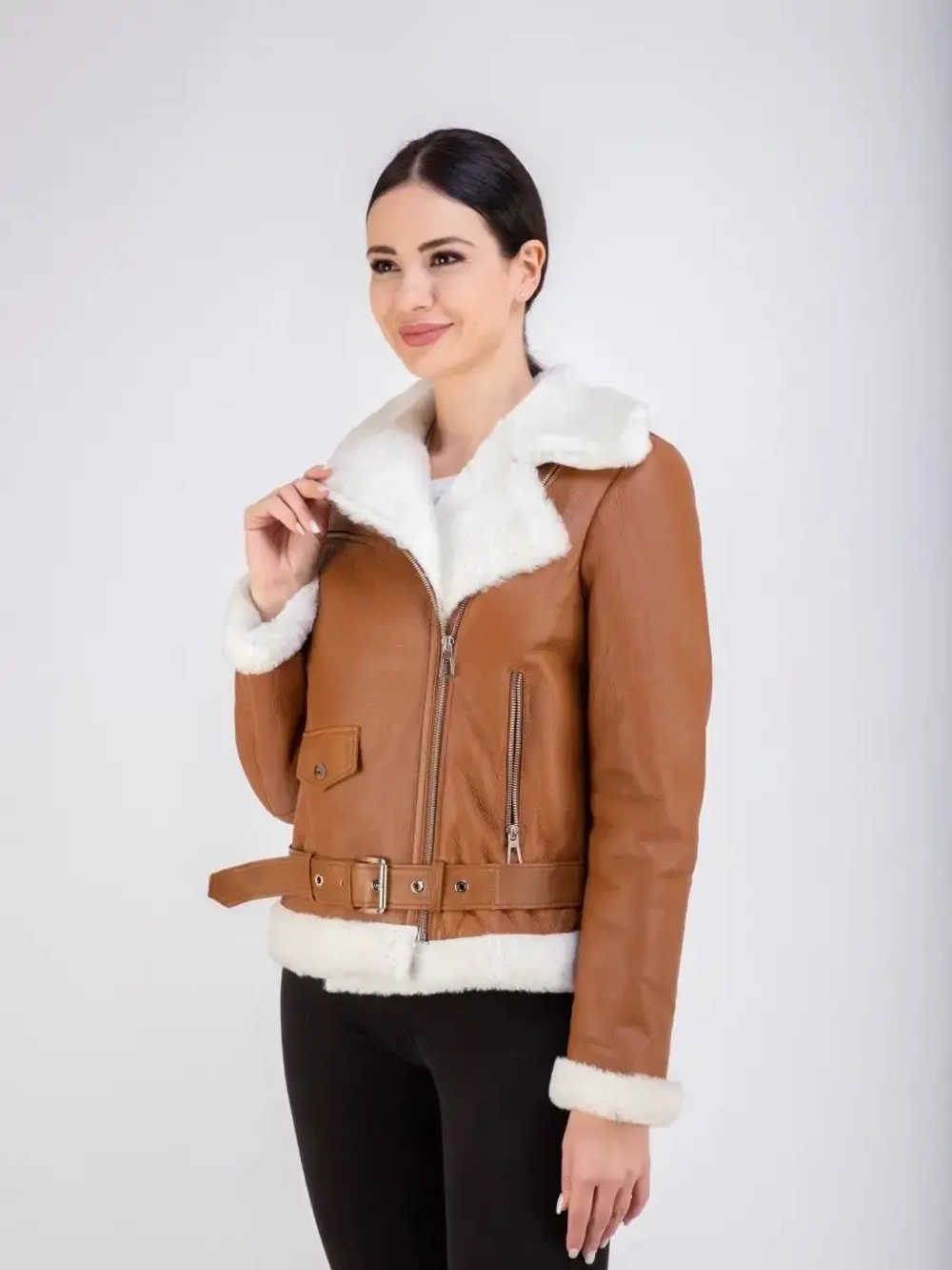 Дубленка зимняя натуральная короткая авиатор Турция