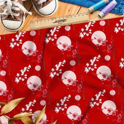 Ткань дюспо цветущая сакура на фоне полной луны и красного неба