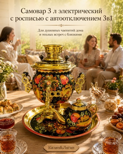 Электрический самовар 3 л в наборе с росписью (автовыключение)