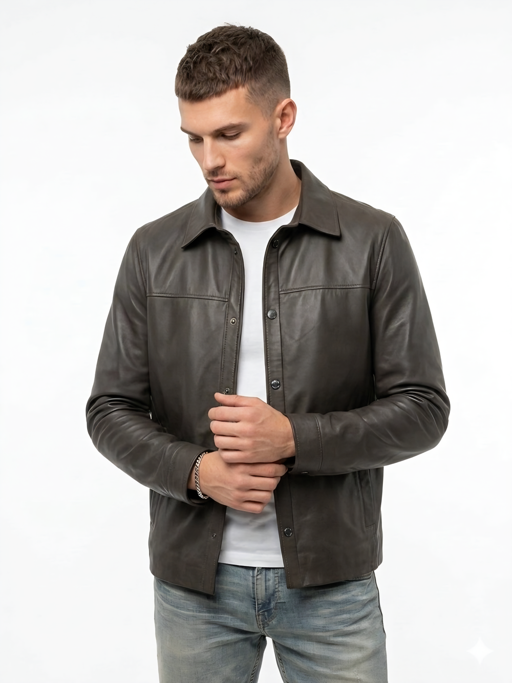 KHIMEONE Мужская кожаная куртка-рубашка из натуральной кожи наппа (Nappa)