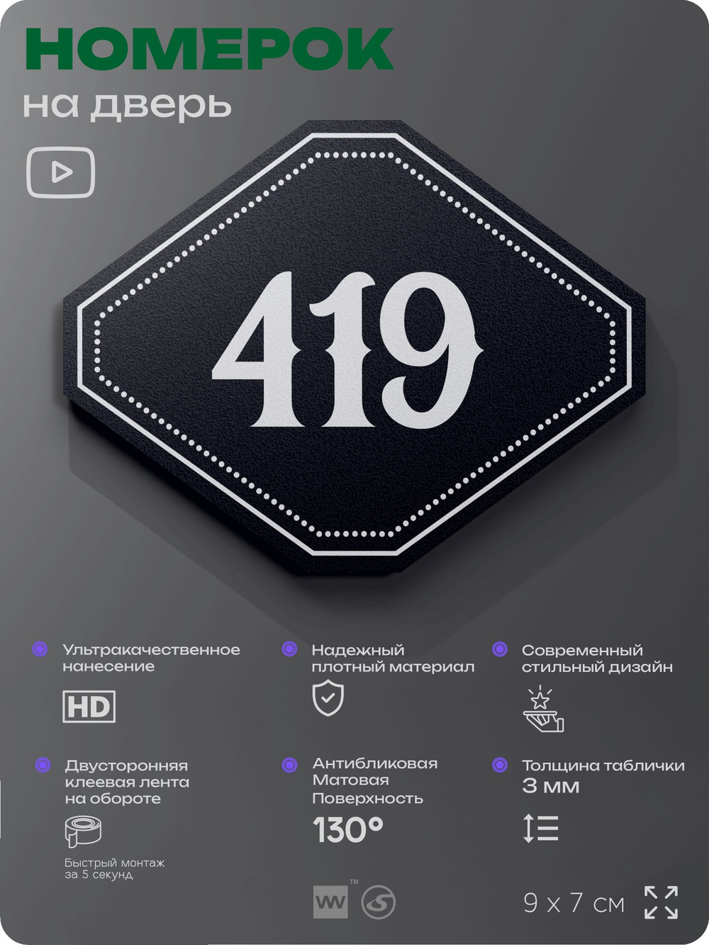 Номерок на дверь квартиры 419, для кабинета, офиса, шильдик 9 х 7 см, черный, Айдентика Технолоджи