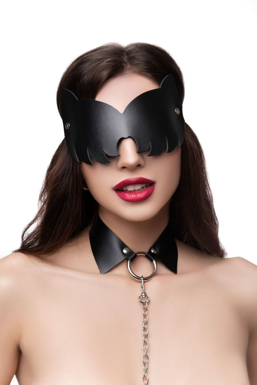 Черная закрытая кожаная маска с ушками кошки (Цвет: черный)