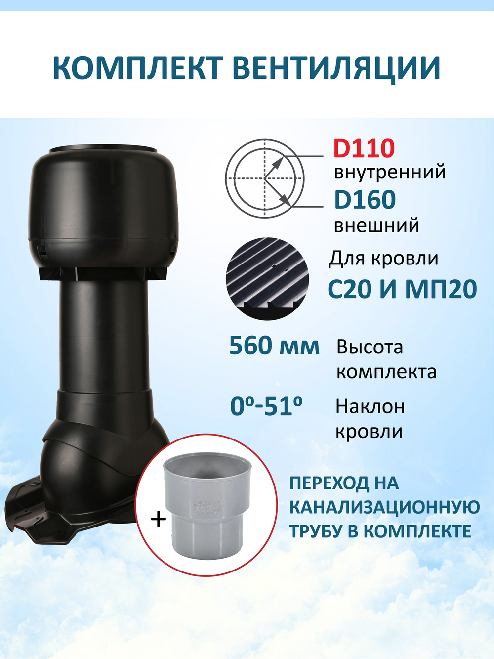 Колпак D160, вент. выход утепленный высотой Н-500 с переходом D110, для кровельного профнастила 20мм