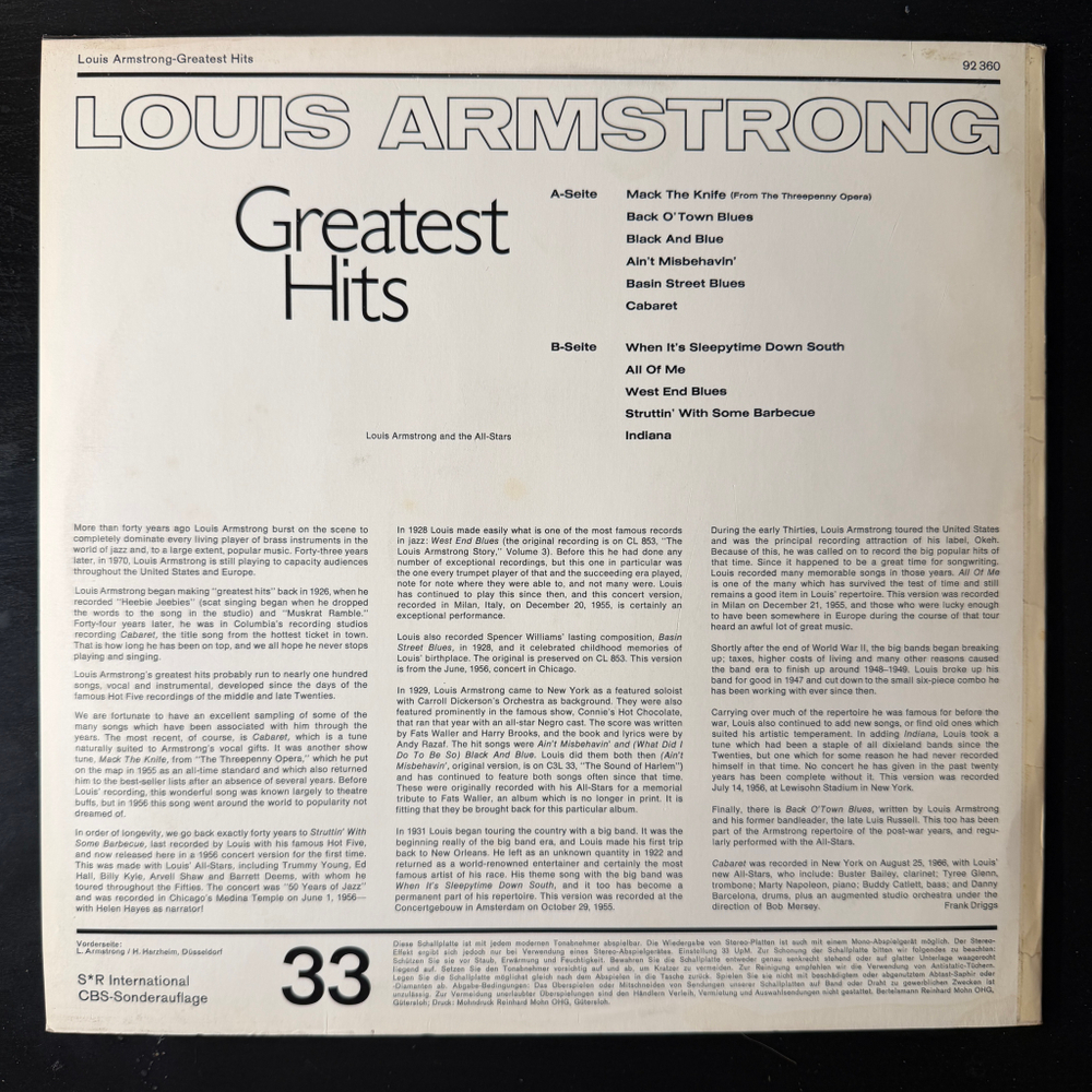 Louis Armstrong ‎– Greatest Hits (Германия 1970г.) Club