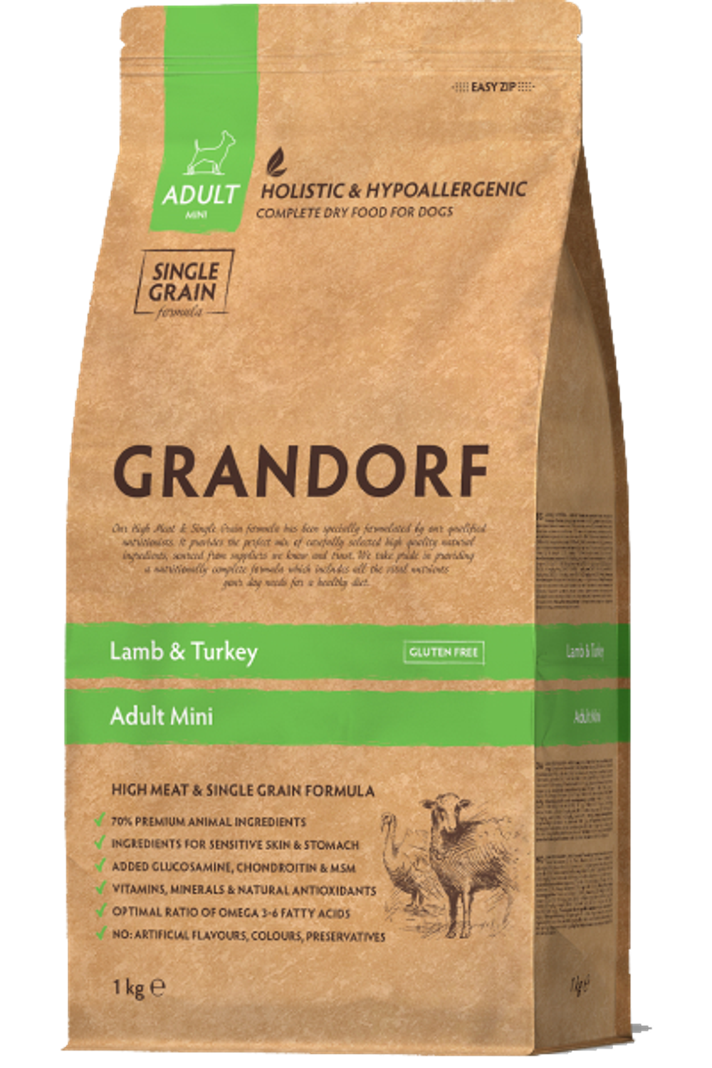 Grandorf Mini Adult Holistic для собак малых пород, ягненок с индейкой 1кг.