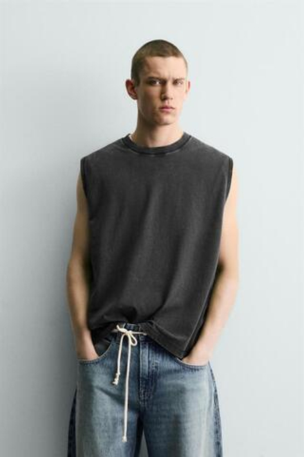 ZARA МАЙКА С ЭФФЕКТОМ ПОТЕРТОСТИ, ТЕМНЫЙ АНТРАЦИТ