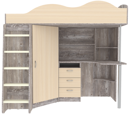Кровать-чердак КарИВи Пионер с деревянной лестницей Бетон  Дуб Молочный