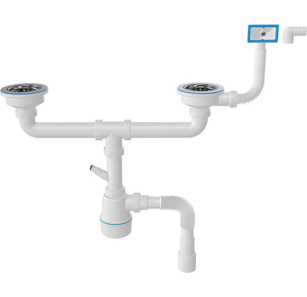 Сифон для мойки EWRIKA 5080860 40 мм, бутылочный, белый, с отводом для подключения бытовой техники, двойной