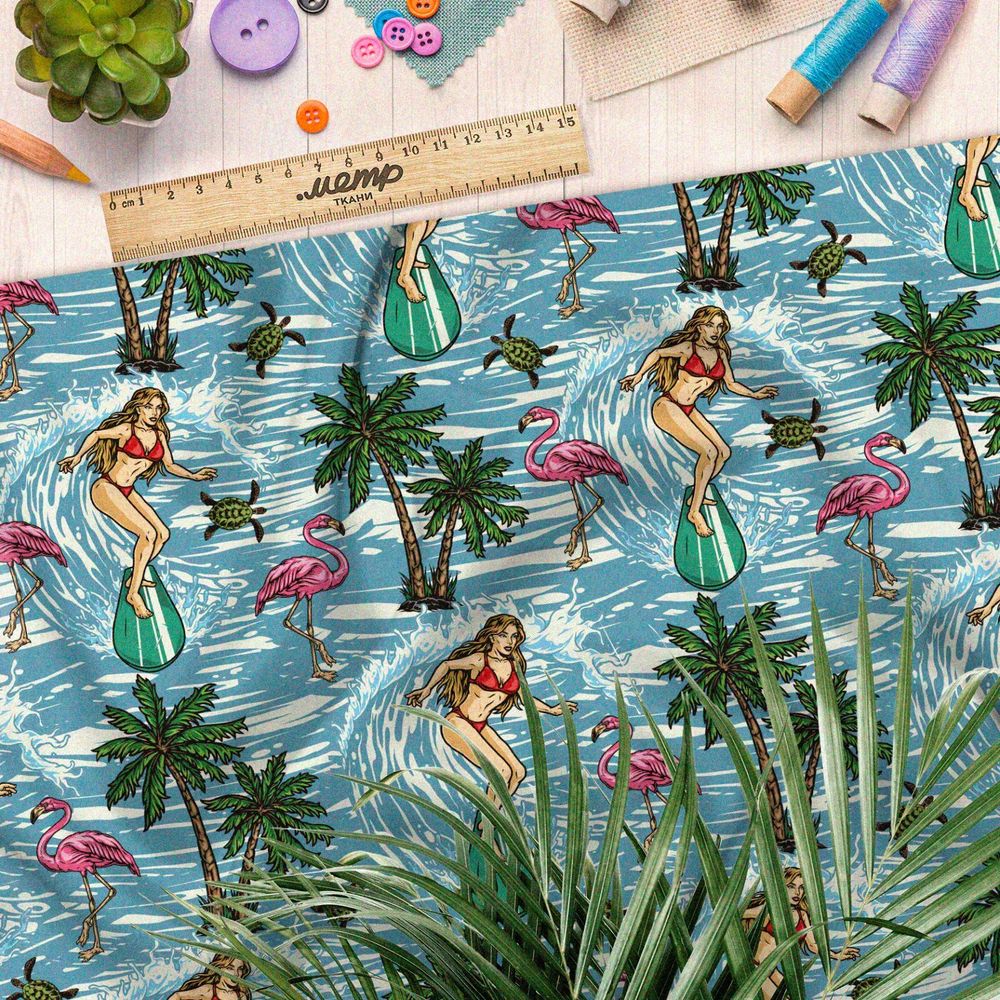 Ткань атлас сёрфинг, пальмы, черепахи и фламинго