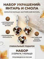 Комплект украшений с янтарём 3 круга 3 листика пеструха белая крупная темная