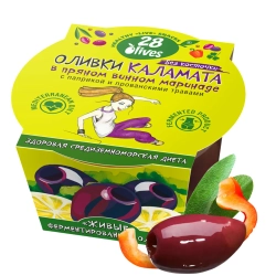 Оливки Каламата без косточки в винном маринаде с паприкой и травами 28Olives, 150 г, упаковка с оливкой