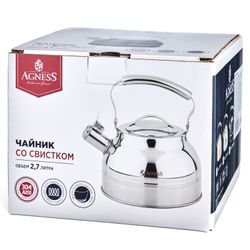 ЧАЙНИК AGNESS СО СВИСТКОМ 2,7Л, ТЕРМОАККУМУЛИРУЮЩЕЕ ДНО, 304 СТАЛЬ, ИНДУКЦИЯ