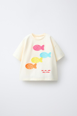 ZARA ФУТБОЛКА С ВЫШИВКОЙ РЫБОК, ЖЕЛТОВАТО-БЕЛЫЙ
