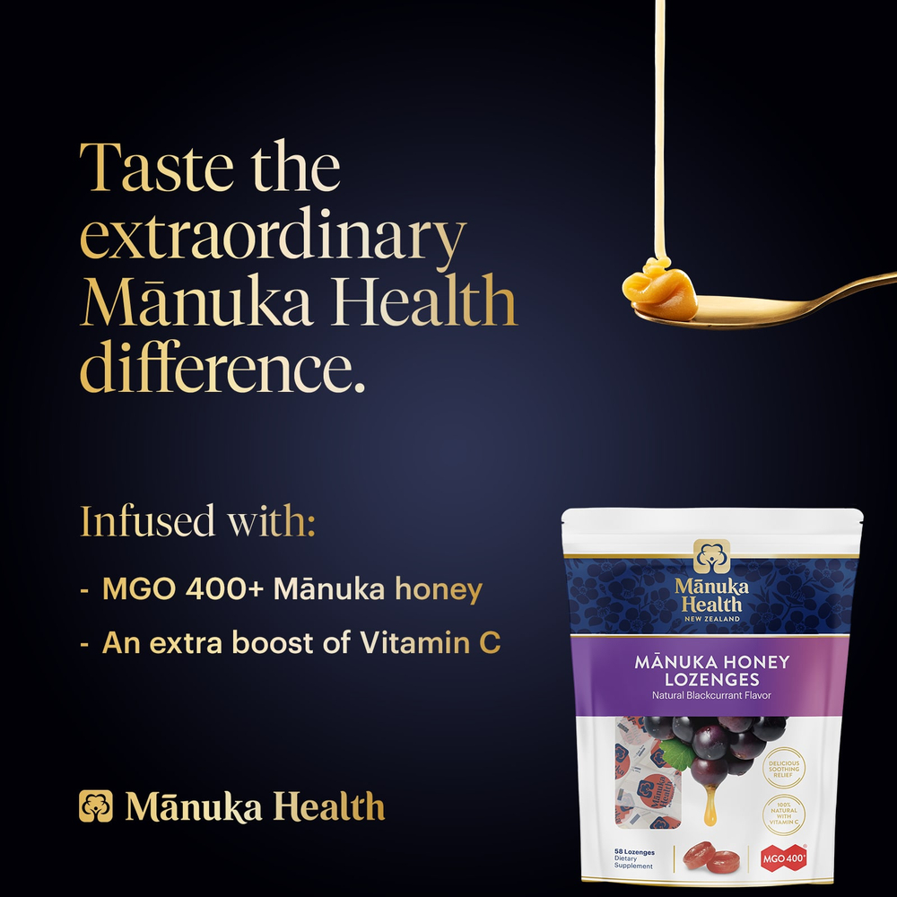 Manuka Health, Леденцы с медом Manuka, натуральная черная смородина, MGO 400+, 58 леденцов