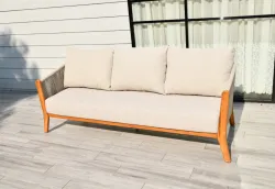 "Сидней" диван 3-местный плетеный из роупа, основание тик, каркас алюминий бежевый, роуп бежевый, ткань бежевая