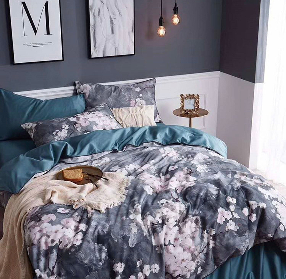 Постельное белье ЕВРО (двуспалка) Египедский Хлопок Серые лепестки