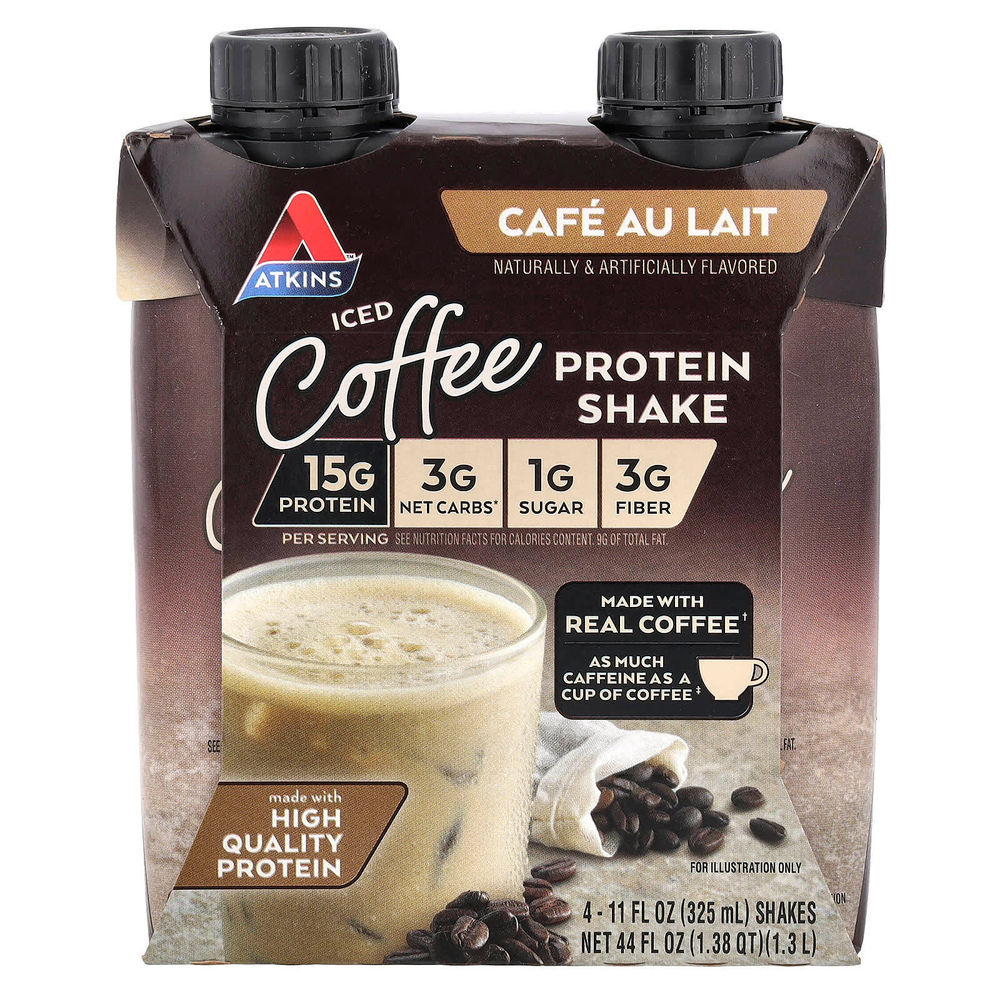 Atkins, Кофейный протеиновый коктейль со льдом, Cafe Au Lait, 4 коктейля, 325 мл (11 жидк. унц.)