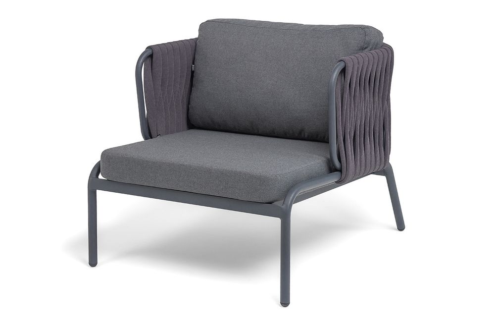 "Ронда" кресло плетеное из роупа, каркас алюминий темно-серый (RAL7024) муар, роуп серый 40 мм tex, ткань темно-серая 027