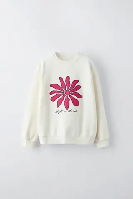 ZARA ТОЛСТОВКА С НАДПИСЬЮ И ЦВЕТОЧНЫМ ПРИНТОМ, ЭКРЮ