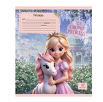Тетрадь 12л., клетка, Alingar, скрепка, блок офсет, 100% белизна, мелованный картон (стандарт), "Принцесса и единорог", 5 дизайнов в пленке т/у