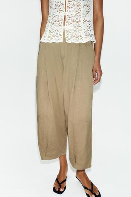 ZARA БРЮКИ-БАЛЛОНЫ С ЗАЩИПАМИ, РЫЖЕВАТО-КОРИЧНЕВЫЙ