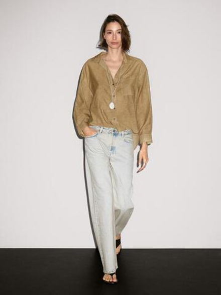 Massimo Dutti Рубашка из смесового хлопка в полоску, горчично-желтый