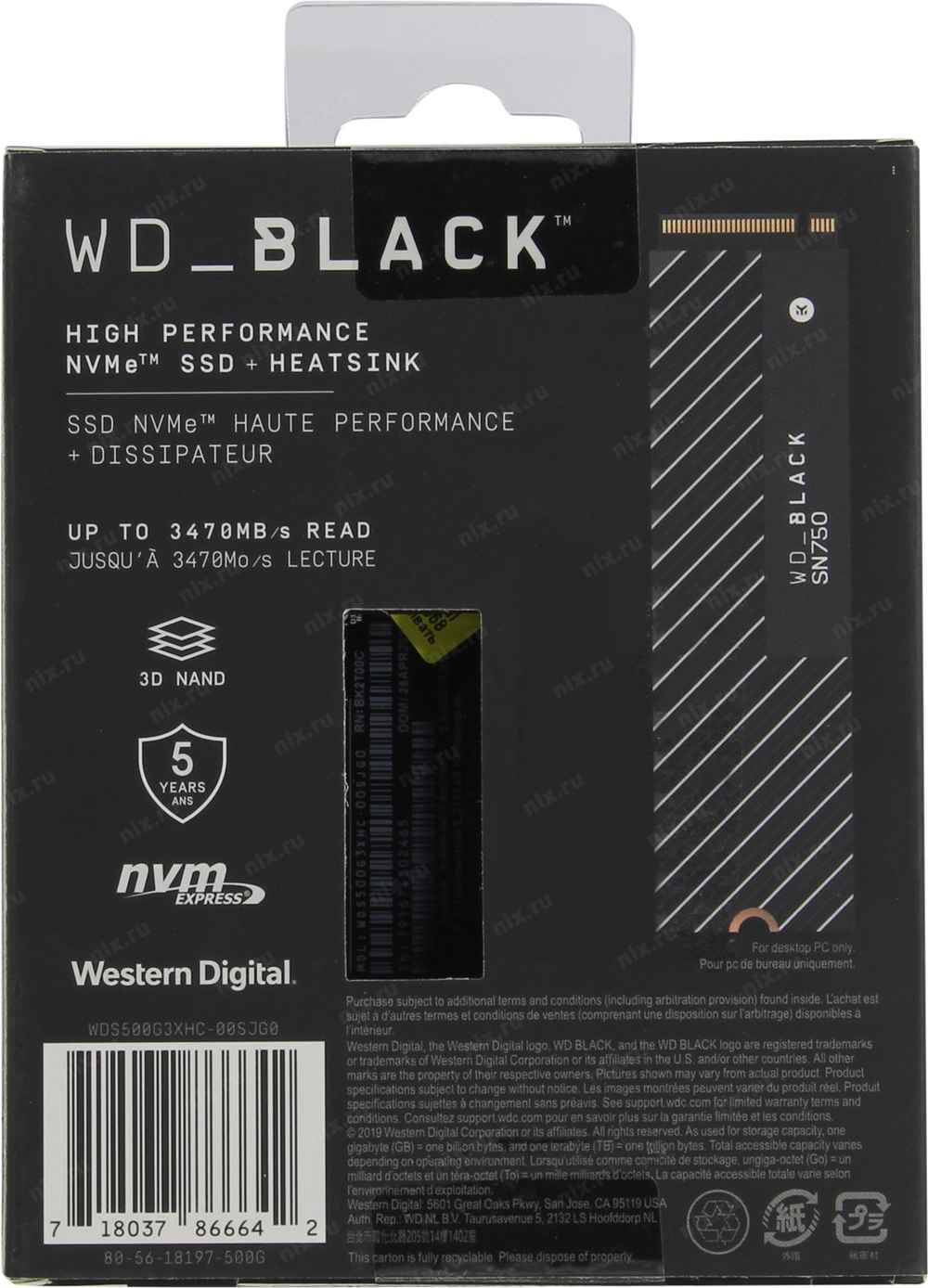 Накопитель SSD 500 Gb M.2 2280 M WD Black SN750 &lt;WDS500G3XHC&gt;