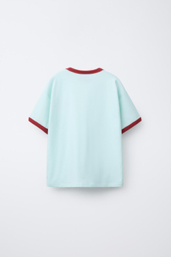 ZARA ФУТБОЛКА С ВЫШИВКОЙ И КОНТРАСТНОЙ ОТДЕЛКОЙ, НЕБЕСНО-ГОЛУБОЙ