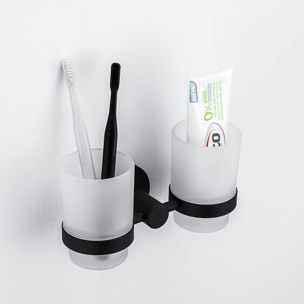 Стакан для зубных щеток, двойной, стекло,нерж сталь, чер, Frap, F30208