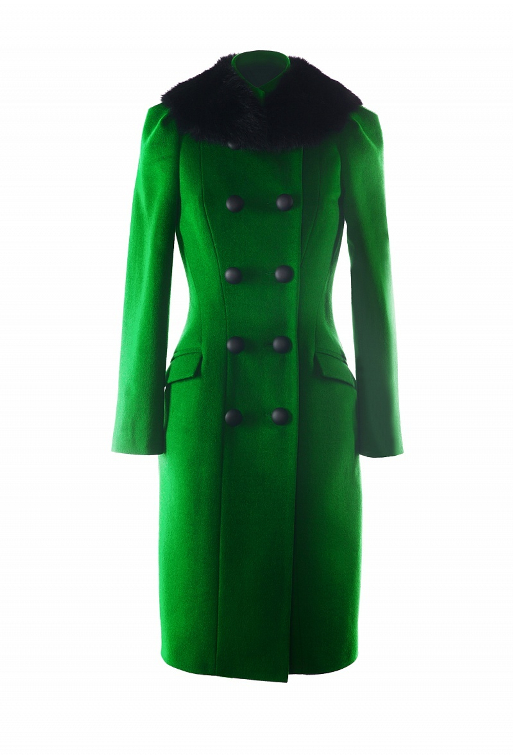 Пальто со съемным меховым воротником зелёное LE-21-17FW