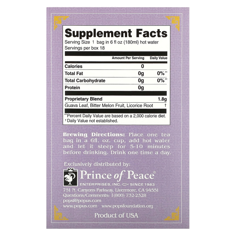 Prince of Peace, Herbal Tea, сахар в крови, 18 чайных пакетиков, 32,4 г (1,14 унции)