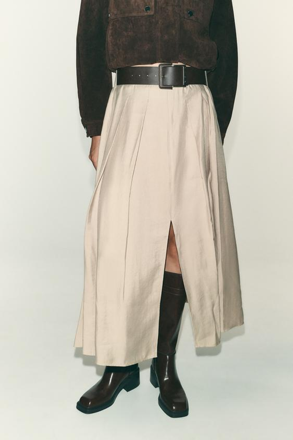 ZARA ЮБКА МИДИ С РЕМНЕМ, МЯГКИЙ КАШТАНОВЫЙ