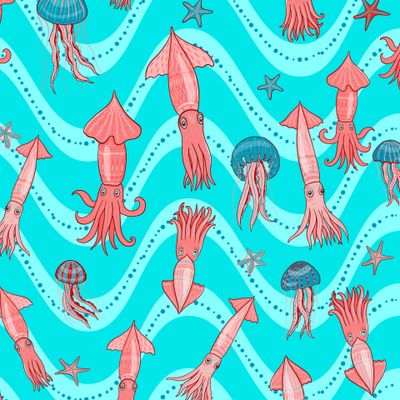 Медузы, кальмары, звезды на бирюзовых волнах. (Дизайнер Irina Skaska)
