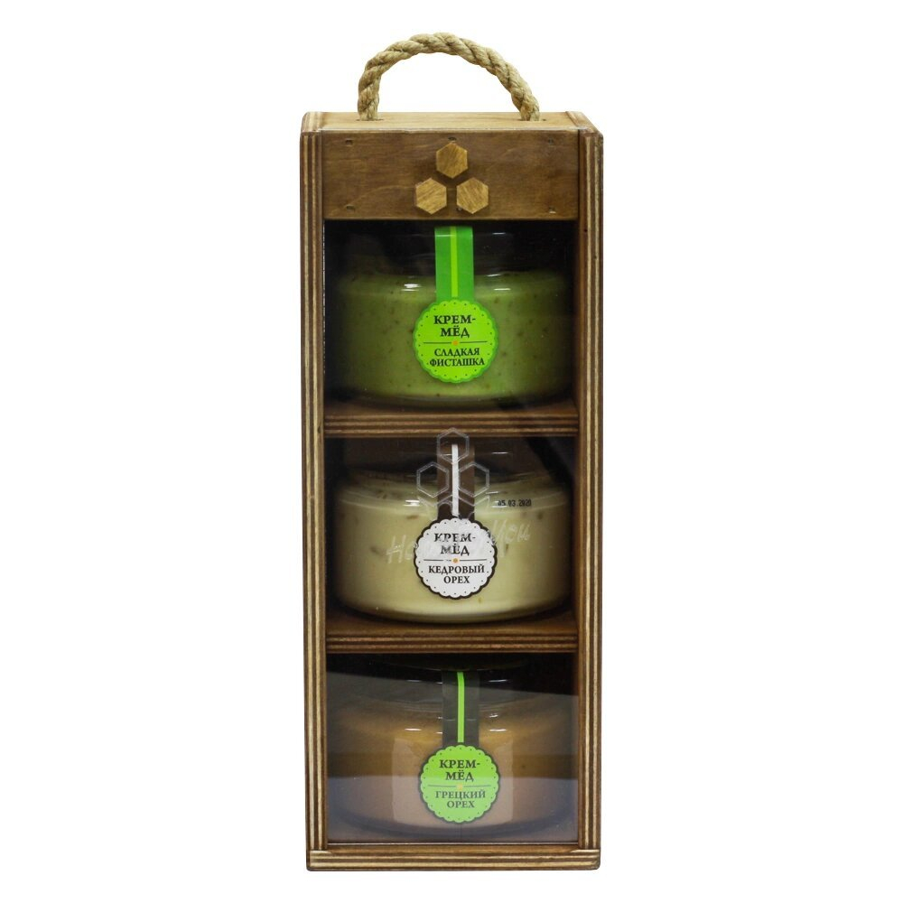 Медовый подарочный набор HoneyForYou "Кремовое трио" в деревянном ящике