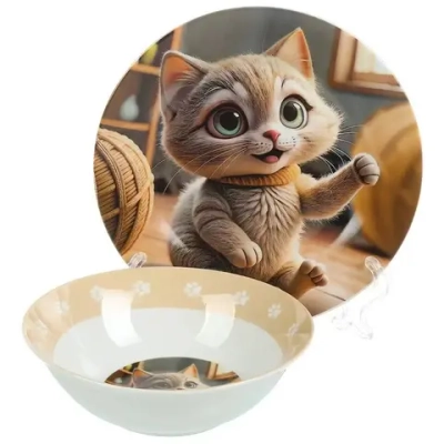 Набор посуды керамика, 3 шт, Нейрокот, тарелка 17.5 см, салатник 15 см, кружка 230 мл, Daniks, C1007