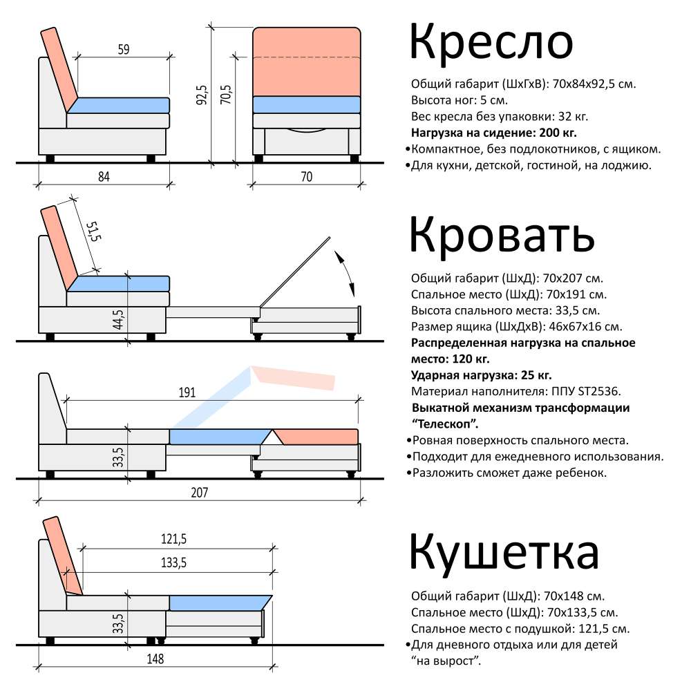 Кресло-кровать "Экономик" 70 см, велюр Dream Yellow