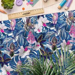 Ткань барби синие листья белый цветок