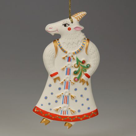 Плоская фарфоровая ёлочная игрушка Коза