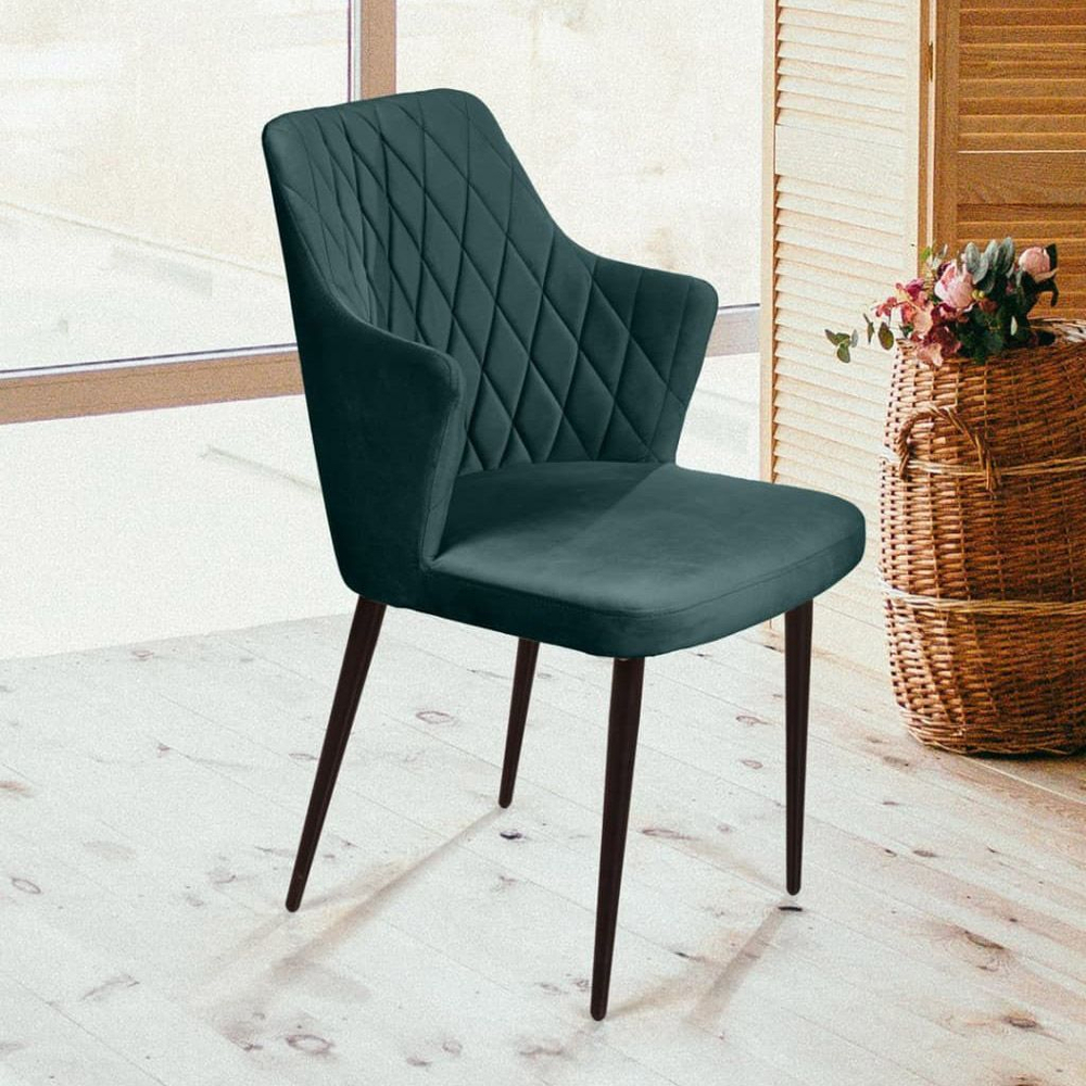 Стул с подлокотниками Hunt ромб, бархат зелёный 19 / чёрный конус