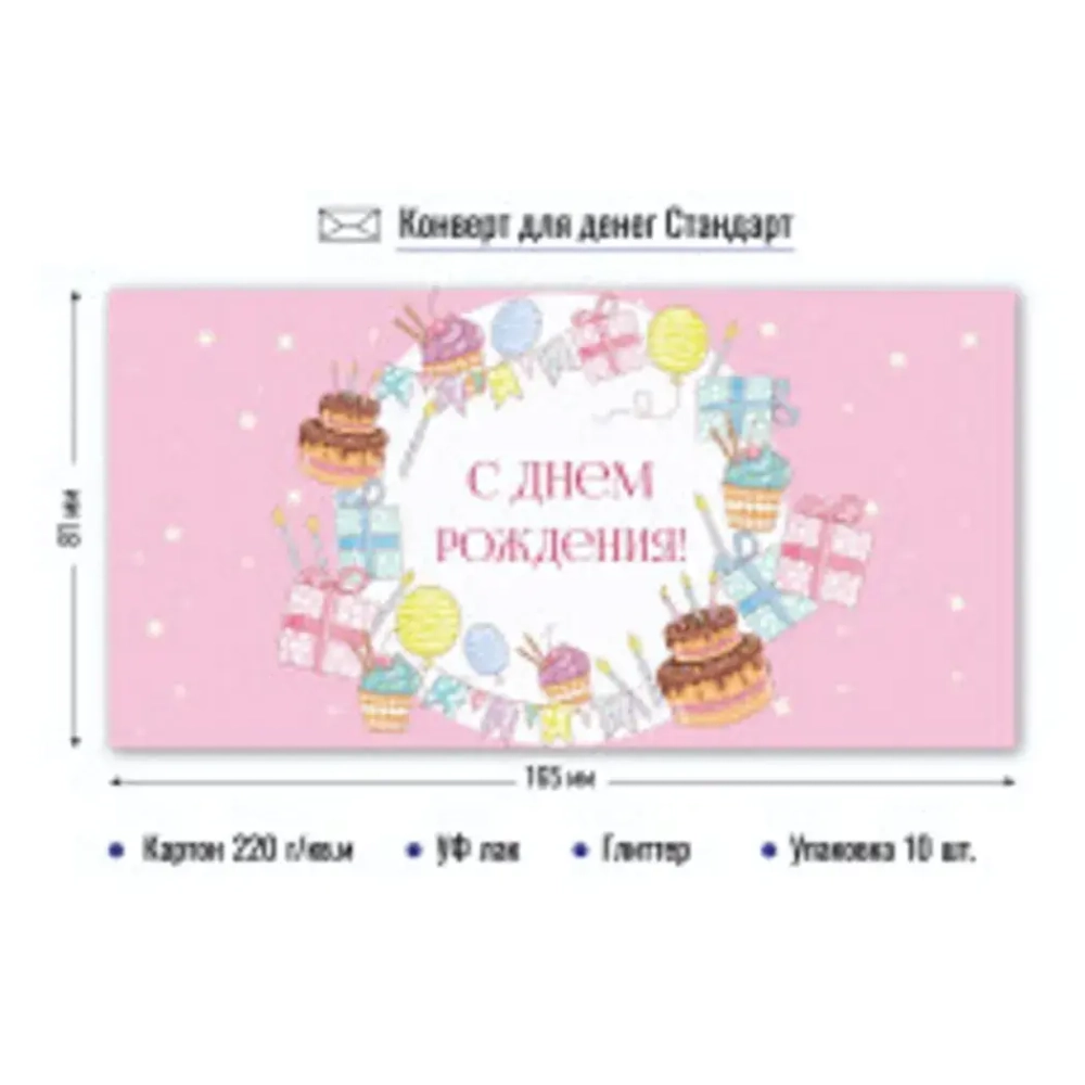 Конверт для денег Стандарт. С днем рождения На розовом фоне