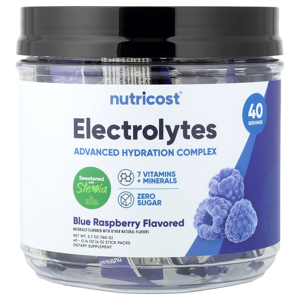 Nutricost, Электролиты, улучшенный комплекс для увлажнения, голубая малина, 40 пакетиков по 4 г (0,14 унции)
