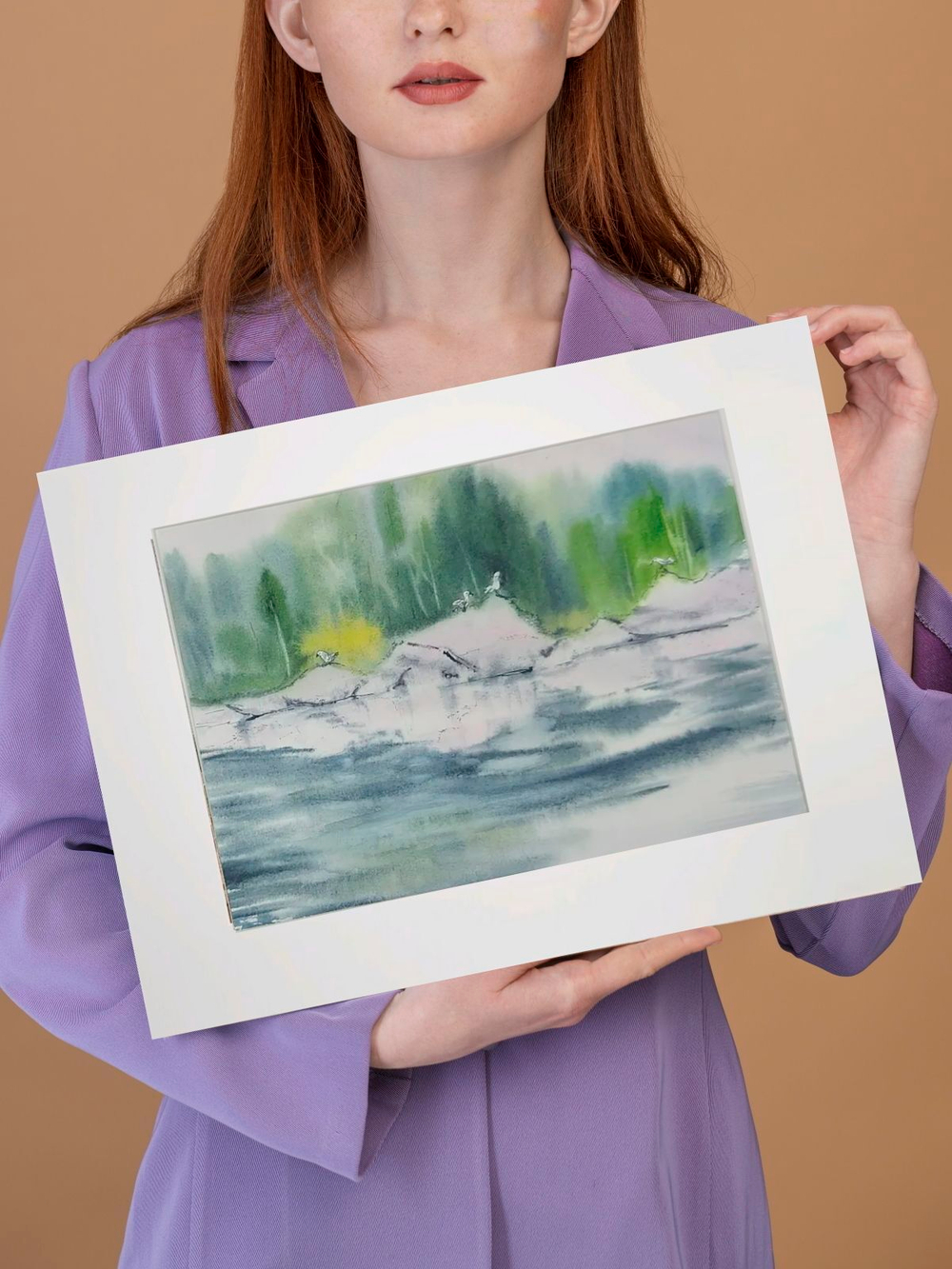 Картина авторская акварельная в паспарту 30х40 см на стену для интерьера "Чайки на скалах"