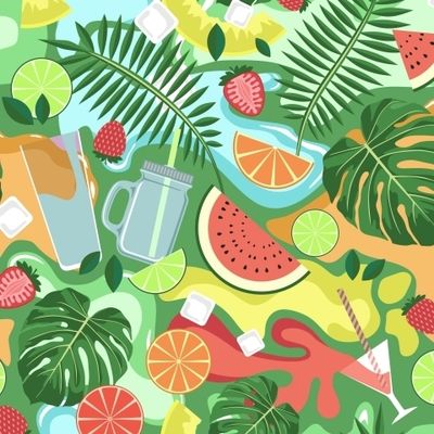 ЛЕТНИЕ НАПИТКИ И ФРУКТЫ НА КРАСОЧНОМ ФОНЕ