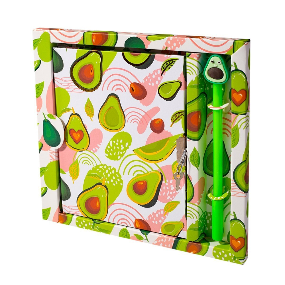 Записная книжка в футляре 21,0 см * 21,0 см , 7БЦ, Alingar, ламинация, глиттер, замочек, ручка, 50 л., линия, "Авокадо-сердечки", белый